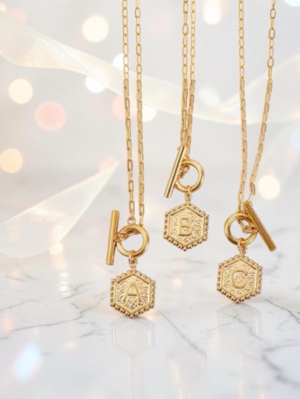 Plunder Gold Hexagon Pendant Initial Necklace-Goldtone, approx 20”-letter choice